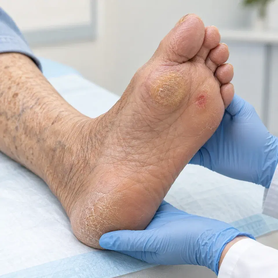 Clinical illustration of an older adult’s foot with dry skin, callus and a pressure sore being assessed