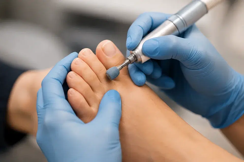 Professional foot and nail care with gloved hands