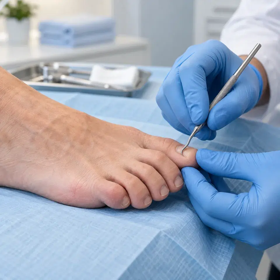 Clinical illustration of precise foot care with a specialized instrument