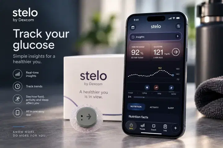 Ilustración de sensor de glucosa Stelo y aplicación móvil
