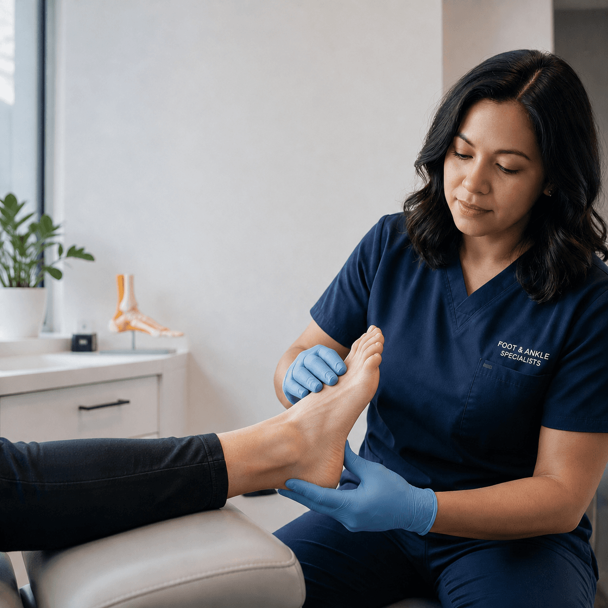 Foot specialist carefully evaluating a patient