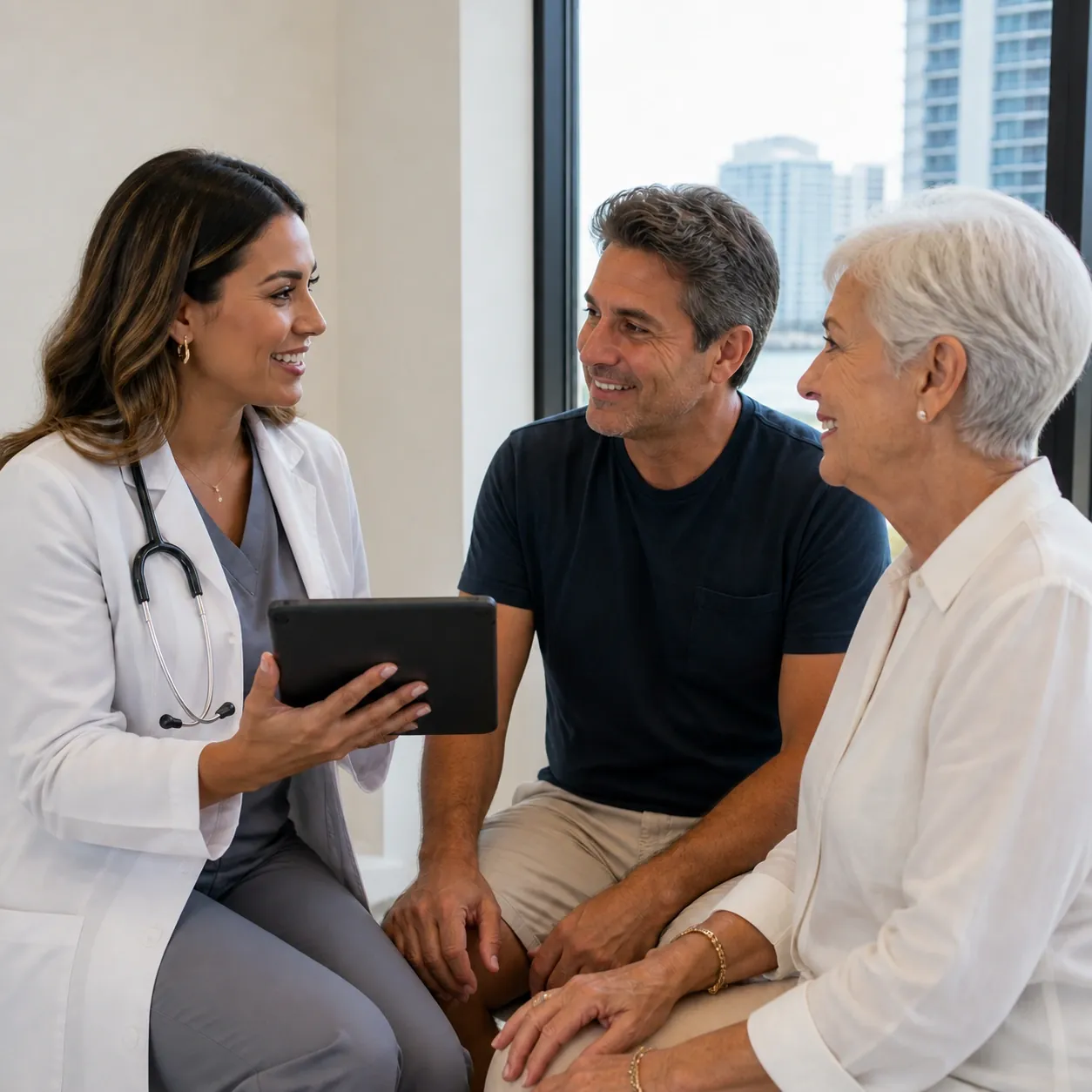 Doctora conversando con pacientes